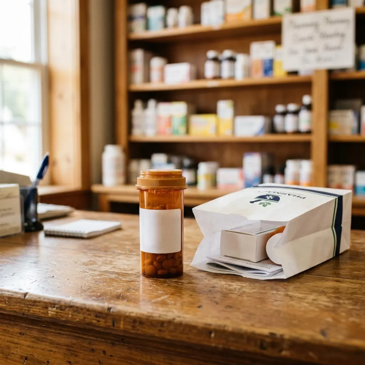 A filled prescription bottle beside a pharmacy bag on the counter, ready for pickup